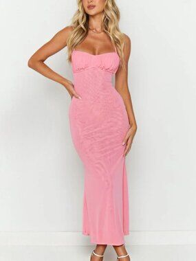 Pink Mesh Backless Maxi Dress Ruched Bust Open Back Size S